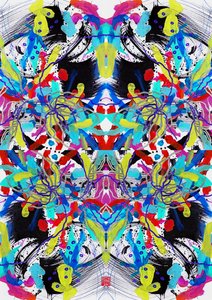 Zen Ink Blue Red Yellow Floral Pattern, 2023 (akryl på papper, digital) av Odilia W. Y. Fu