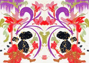 Zen Orange Lila Blommor 1, 2021 (akryl på duk, digital) av Odilia W. Y. Fu