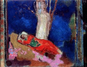 En kvinna som ligger under trädet, 1800- eller tidigt 1900-tal. av Odilon Redon
