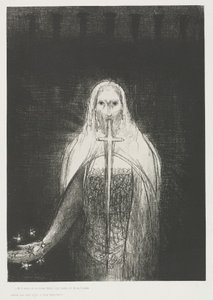 Och han hade i sin högra hand sju stjärnor; och ur hans mun gick ett skarpt tvåeggat svärd av Odilon Redon