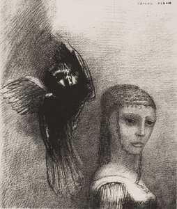 Och en stor fågel, som stiger ner från himlen, slungar sig själv mot den översta punkten av hennes hår, platta 3 av 10 av Odilon Redon