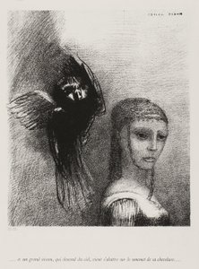 Och en stor fågel, som stiger ned från himlen, slungar sig själv mot den översta punkten av hennes hår, plåt 3 av 10, 1888 av Odilon Redon