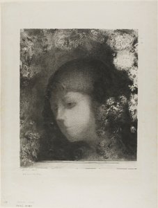 Barns huvud med blommor av Odilon Redon