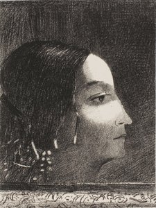 Dramatisk och grandios med hennes ansikte som en druidprästinnas av Odilon Redon