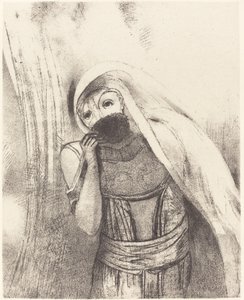Hon drar från sin barm en svamp, helt svart, och täcker den med kyssar av Odilon Redon