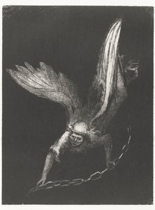 Engel träffade en ketting i zijn handen Efter det såg jag en ängel komma ner från himlen som hade nyckeln till avgrunden och en stor kedja i sin hand (titel på föremålet) Apocalypse of Saint John (serietitel) Openbaring van Johannes (serietitel) av Odilon Redon
