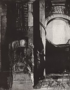 Och överallt finns basaltpelare,? Ljus faller från valven, Blatt 3 der Folge La Tentation de Saint-Antoine. 1896 av Odilon Redon