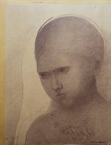 Kvinna i trekvartsprofil till vänster av Odilon Redon