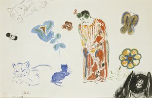 Studieblad: kvinna, blommor och djur av Odilon Redon