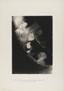 Först en vattenpöl, sedan en prostituerad, hörnet av ett tempel, en soldats ansikte, en vagn med två vita hästar, plansch 1 från The Temptation of Saint Anthony (1:a serien) av Odilon Redon
