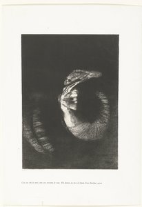 Det är en doodshoofd med en krans van rozen Det är en dödskalle, med en krona av rosor. Hon dominerar en kvinnas torso av pärlvithet (titel på objekt) Temptation of Saint Anthony (1) (serietitel) Verzoeking van de heilige Antonius (se av Odilon Redon