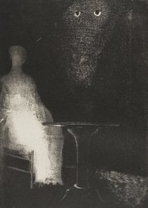 Jag fortsatte att stirra på stolen och tyckte att jag såg på den en blekblå dimmig kontur av en mänsklig figur, plåt 1 av 6 av Odilon Redon