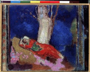 ""Ung kvinna som ligger under ett träd"" (En kvinna som ligger under ett träd) Målning av Odilon Redon (1840-1916) 1900-1901 Gouache och tempera. Nabis. Eremitagemuseet, Sankt Petersburg (Saint-Petersburg) av Odilon Redon