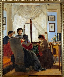 Risorgimento: "" Kvinnor syr röda skjortor"" Målning av Odoardo Borrani (1834-1905) 1863 Privat samling