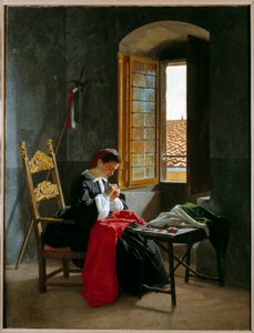 Risorgimento: "" kvinna som syr en italiensk flagga den 26/04/1859"" målning av Odoardo Borrani (1834-1905) 1859 Milanes privatsamling