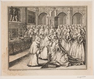 Biskop Hersleb smörjer drottning Louise i Frederiksborgs slottskyrka. Illustration till Frederik d. IV:s smörjelseakt av Odvardt Helmoldt de Lode