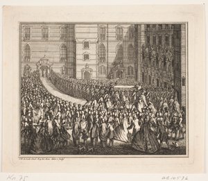 Kung Frederik V i procession för smörjelseceremonin i Frederiksborgs slottskyrka. Illustration till Frederik d. IV:s smörjelseakt av Odvardt Helmoldt de Lode