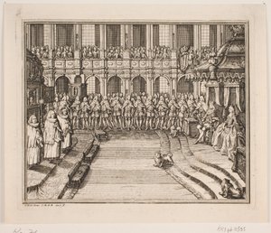 Kung Frederik V och drottning Louise under smörjelseceremonin i Frederiksborgs slottskyrka. Illustration till Frederik d. IV:s smörjelseakt av Odvardt Helmoldt de Lode