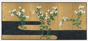 Chrysanthemums by a Stream, ett par vikskärmar med sex paneler, sent 1700-tal-tidigt 1800-tal (bläck och färg på förgyllt papper) av Ogata (follower of) Korin
