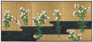 Chrysanthemums by a Stream, ett par vikskärmar med sex paneler, sent 1700-tal - tidigt 1800-tal (bläck och färg på förgyllt papper) av Ogata (follower of) Korin