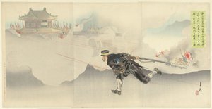 Onoguchi, de dood trotserend, om de poort av det vijandelijke fort op te blazen. (titel på objekt) av Ogata Gekko