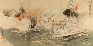 Kinesisk-japanska kriget: Japanska flottan segerrik utanför Takushan av Ogata Gekko