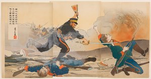 I slaget vid Nanshan ledde förste löjtnant Shibakawa Matasaburō sina män genom att hålla upp en Rising Sun War Fan av Ogata Gessan
