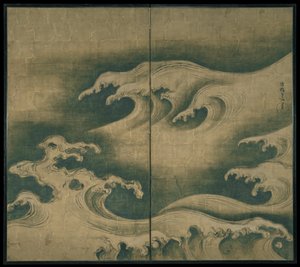 Rough Waves, tvåpanels vikskärm, c.1704-9 (bläck, färg och bladguld på papper)