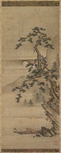 Månbelyst landskap av tall med gammal man i båt, Muromachi-perioden, 1392-1573. av Oguri Sotan