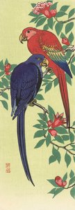 En röd och en blå papegoja, av den japanska konstnären Ohara Koson av Ohara Koson