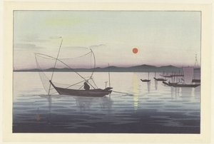 Båtar och solnedgång. av Ohara Koson