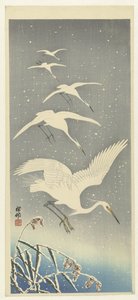 Fallande hägrar i snö av Ohara Koson