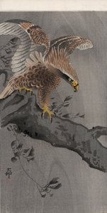 Örn med spridda vingar på trädstam (träblock i färg) av Ohara Koson