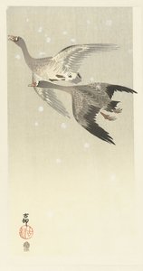 Vitgåss flyger i snön av Ohara Koson