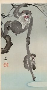 Apa och baby som sträcker sig efter månens reflektion av Ohara Koson