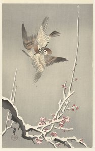 Sparvar och snöigt plommonträd av Ohara Koson