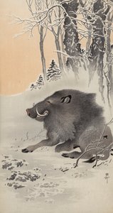 Liggande galt i ett snötäckt landskap (träblock i färg)