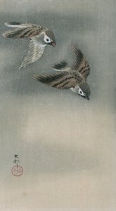 Sparvar under flygning (trätryck i färg) av Ohara Koson