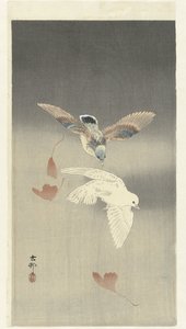 Två duvor nära fallande ginkgoblad av Ohara Koson