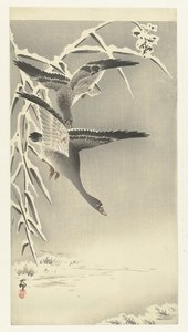 Två visgäss i ett snöigt landskap av Ohara Koson
