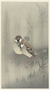 Två trädsparvar i regnet av Ohara Koson