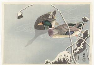 Två gräsänder nära en snötäckt lotusblomma av Ohara Koson
