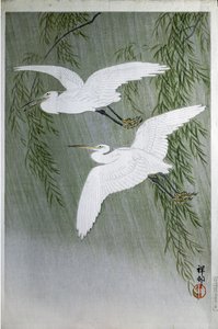 Två hägrar flyger fritt, 1907 (träsnitt i färg) av Ohara Koson