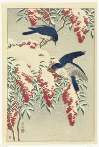 Flugsnappare på en nandinabuske av Ohara Koson
