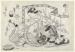 Japansk man och kvinna som röker framför en hopfällbar skärm av Okumura Masanobu (attributed to)