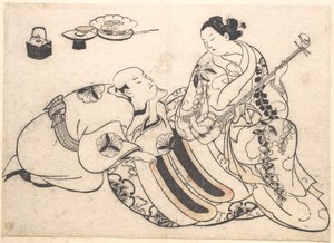 En knäböjande man som lutar sig framåt och lyssnar på en oiran som spelar shamisen av Okumura Masanobu