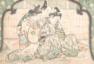 En ung man som sitter mellan två kvinnor, ca. 1749., ca. 1749. av Okumura Masanobu