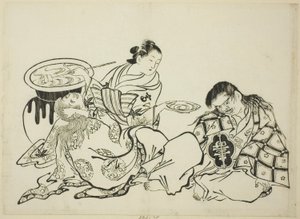 Courtesan Plying Shojo med Sake, nr. 4 från en serie om 12 tryck av Okumura Masanobu
