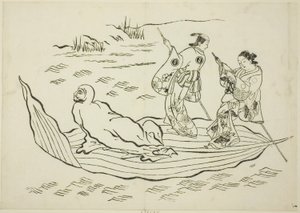Daruma korsar havet på ett löv, nej. 7 från en serie om 12 tryck av Okumura Masanobu