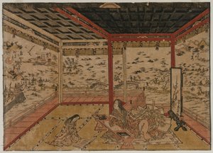 Lady Murasaki på Ishiyama med utsikt över en panorama med sju utsikter över sjön Biwa, 1740-talet. av Okumura Masanobu